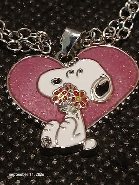 Peanuts -Snoopy Pendant Necklace,Manmade Diamond On Snoopy's Heel & Flowers, 24"
